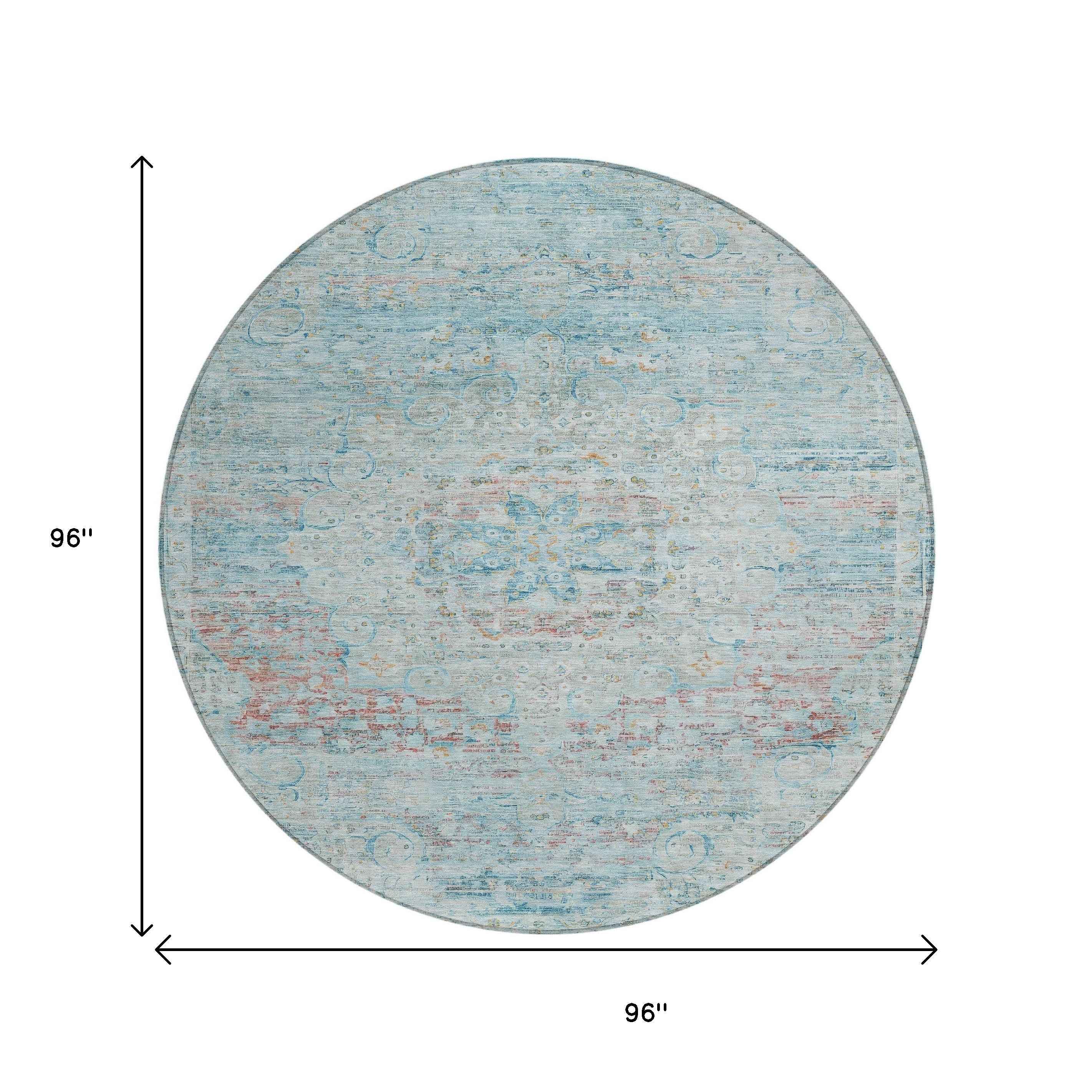 8' Sky Blue And Blush Round Medallion Washable Indoor Outdoor Area Rug
