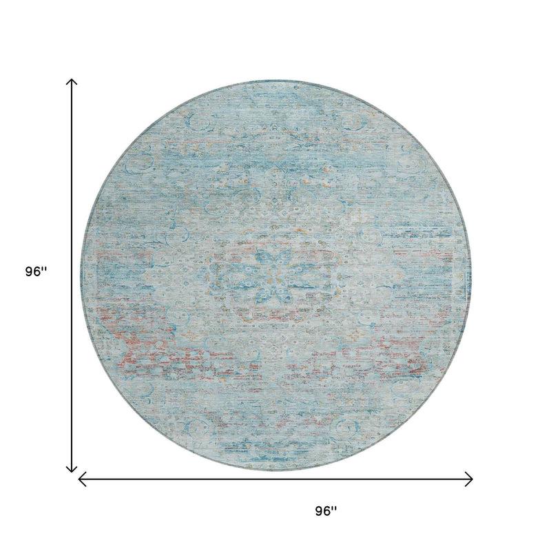 8' Sky Blue And Blush Round Medallion Washable Indoor Outdoor Area Rug