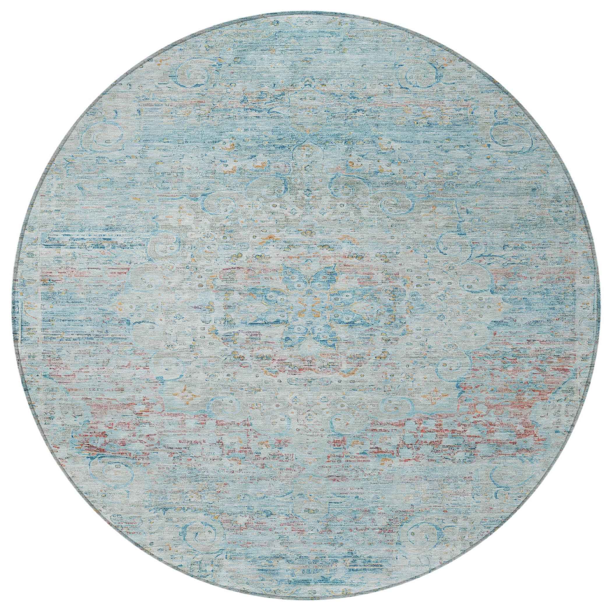 8' Sky Blue And Blush Round Medallion Washable Indoor Outdoor Area Rug