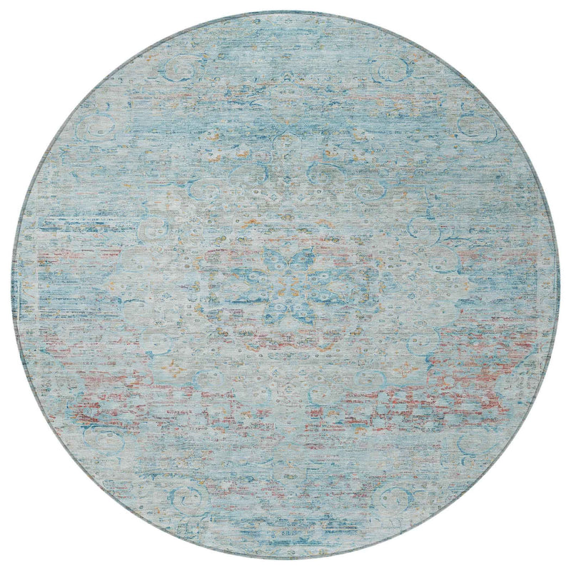 8' Sky Blue And Blush Round Medallion Washable Indoor Outdoor Area Rug