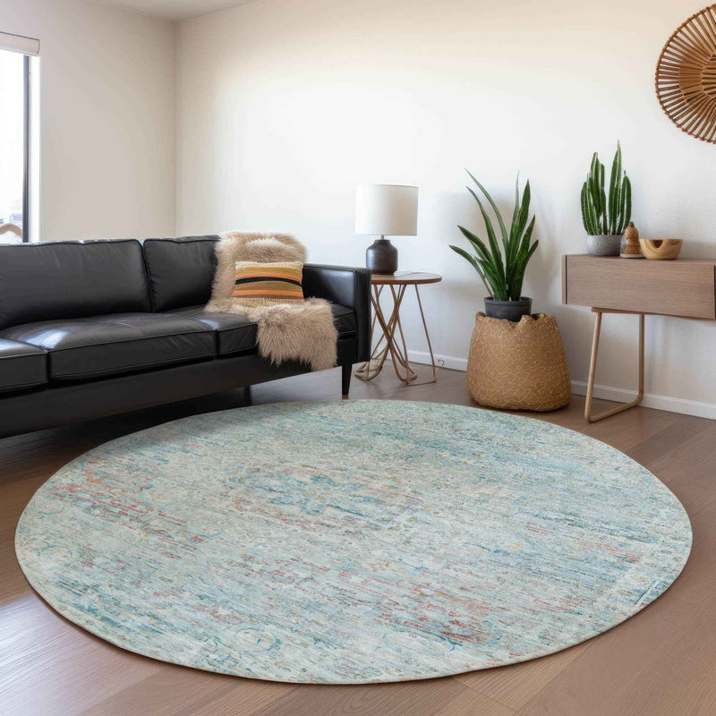 8' Sky Blue And Blush Round Medallion Washable Indoor Outdoor Area Rug