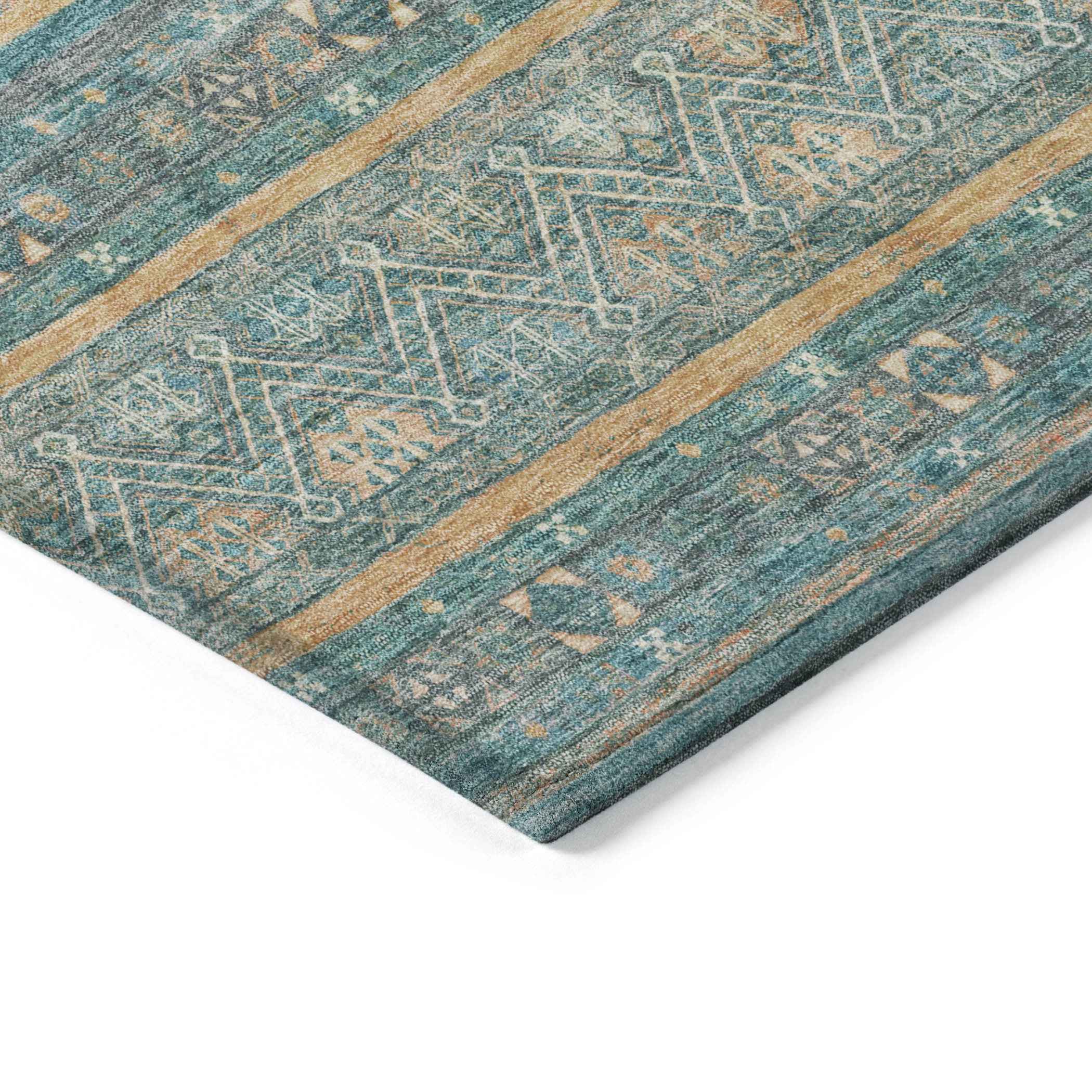 10' X 14' Teal Blue Gold And Taupe Southwestern Washable Indoor Outdoor Area Rug