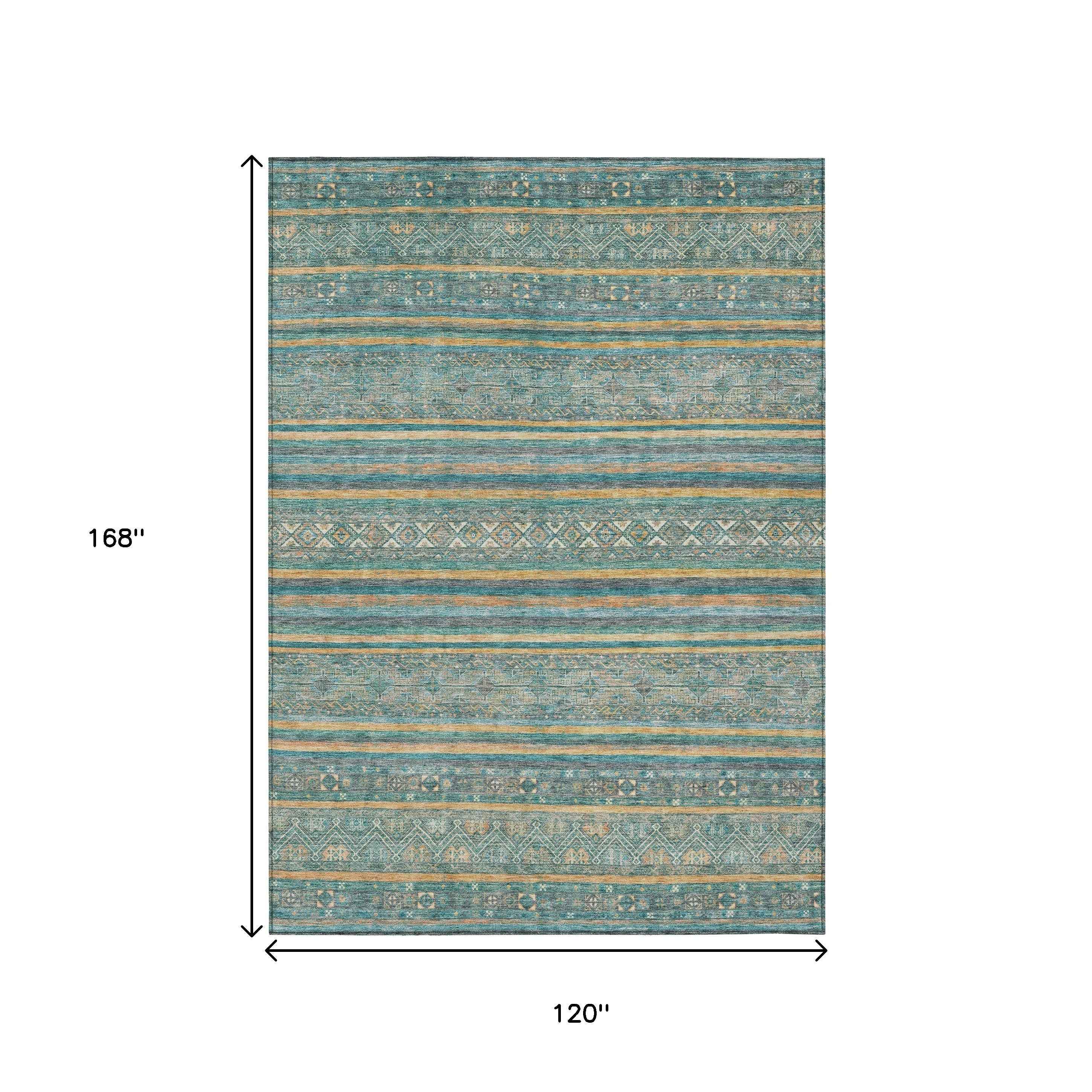 10' X 14' Teal Blue Gold And Taupe Southwestern Washable Indoor Outdoor Area Rug