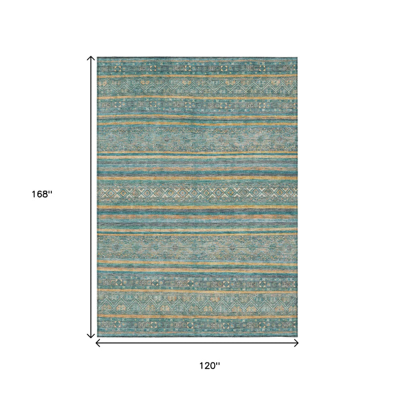 10' X 14' Teal Blue Gold And Taupe Southwestern Washable Indoor Outdoor Area Rug