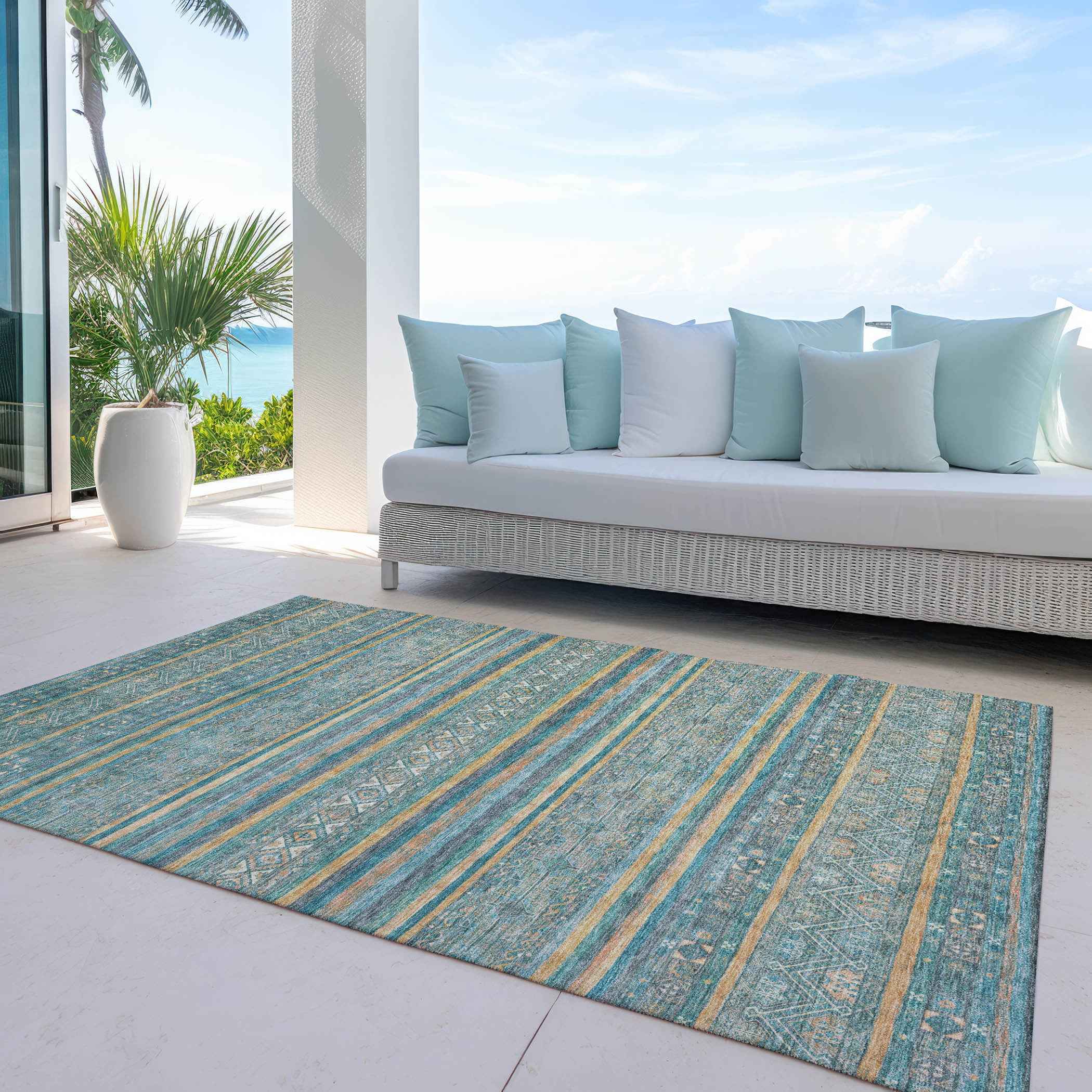 10' X 14' Teal Blue Gold And Taupe Southwestern Washable Indoor Outdoor Area Rug
