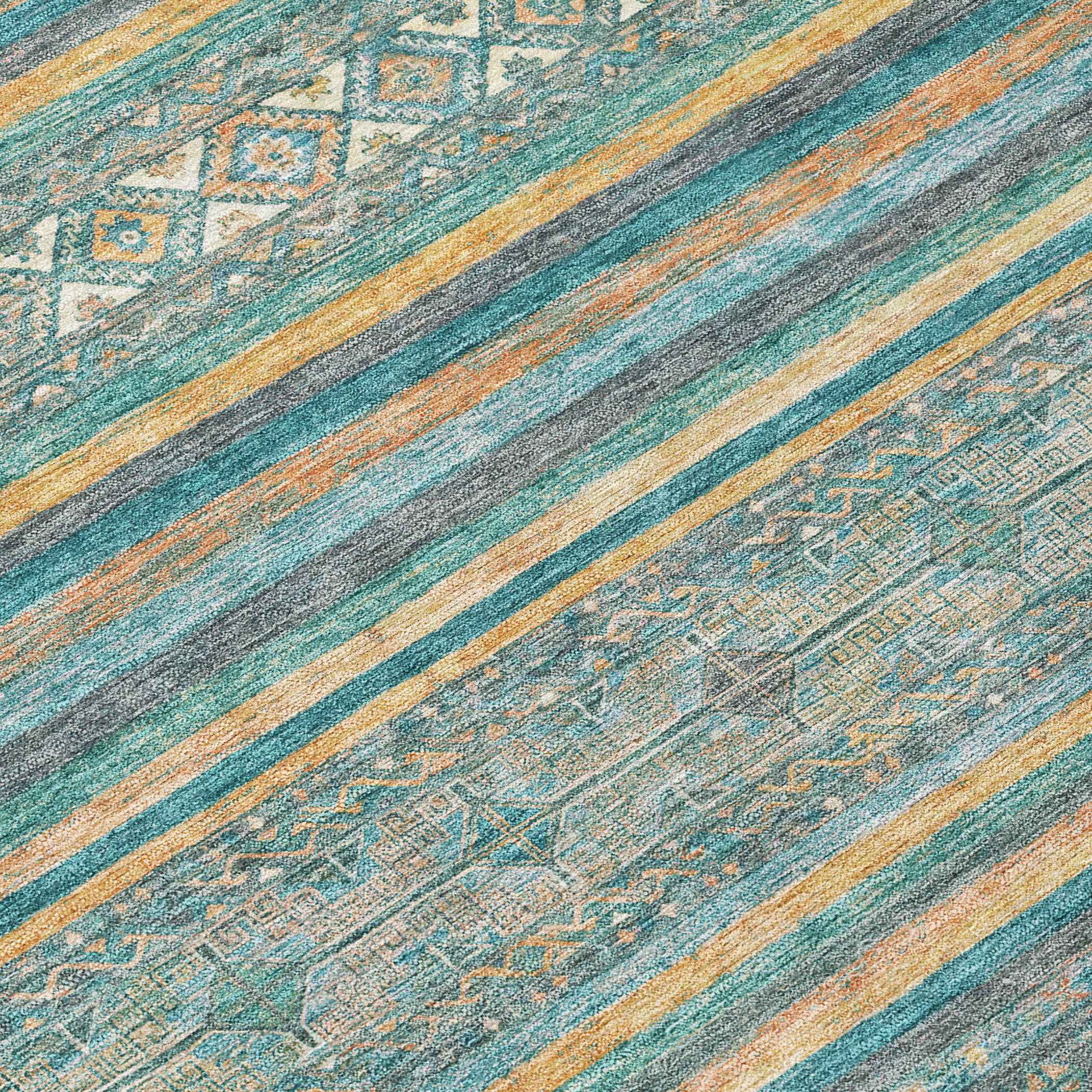 10' X 14' Teal Blue Gold And Taupe Southwestern Washable Indoor Outdoor Area Rug