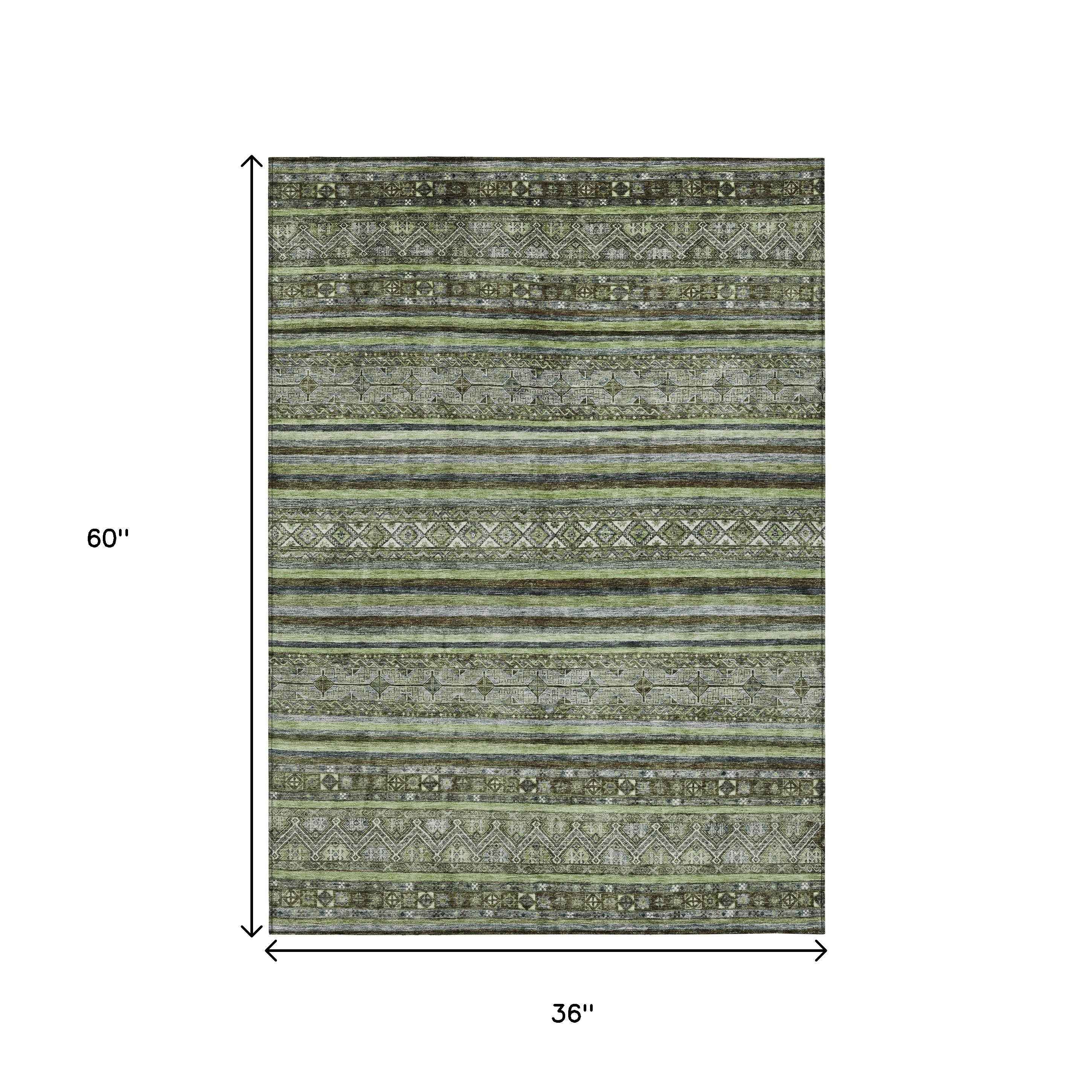 3' X 5' Olive Green Gray And Fern Green Southwestern Washable Indoor Outdoor Area Rug