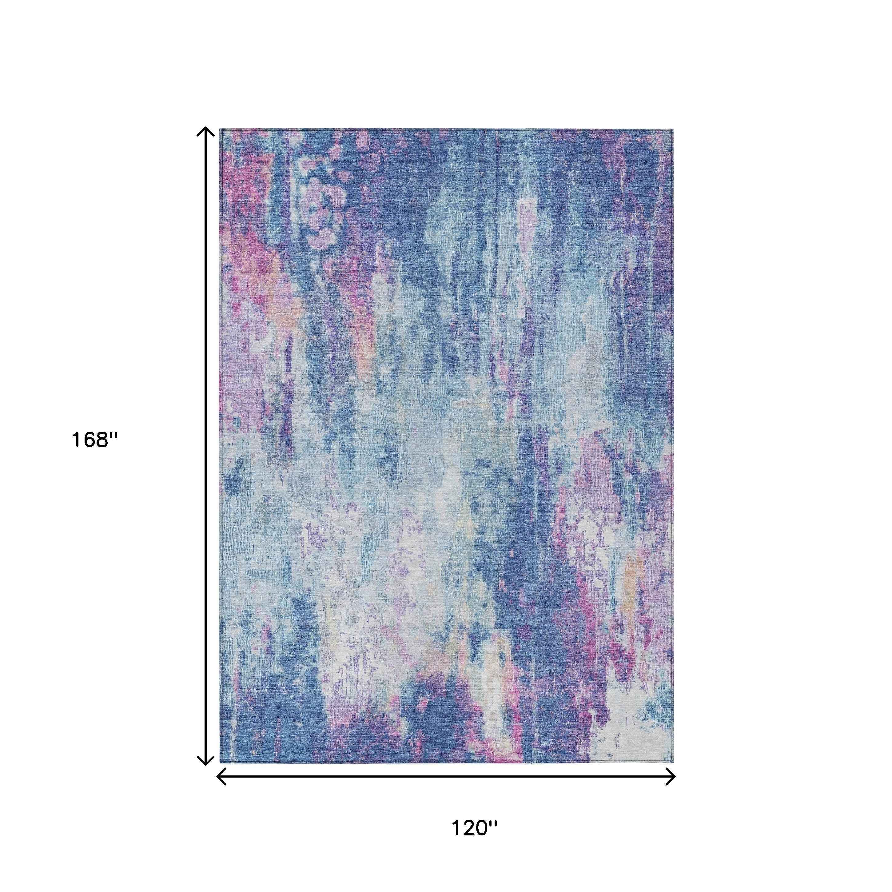 10' X 14' Blue Peach And Sky Blue Abstract Washable Indoor Outdoor Area Rug