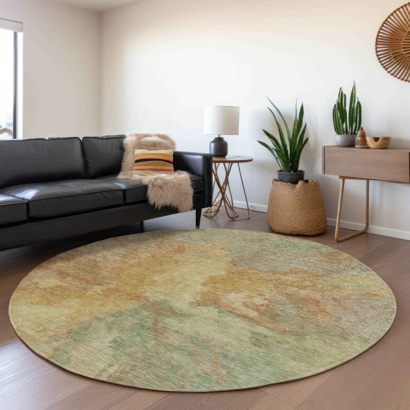 8' Artichoke Green And Gold Round Abstract Washable Indoor Outdoor Area Rug