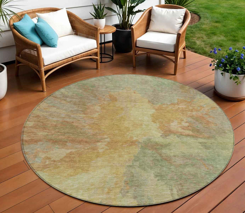 8' Artichoke Green And Gold Round Abstract Washable Indoor Outdoor Area Rug