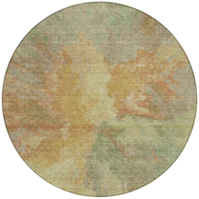 8' Artichoke Green And Gold Round Abstract Washable Indoor Outdoor Area Rug