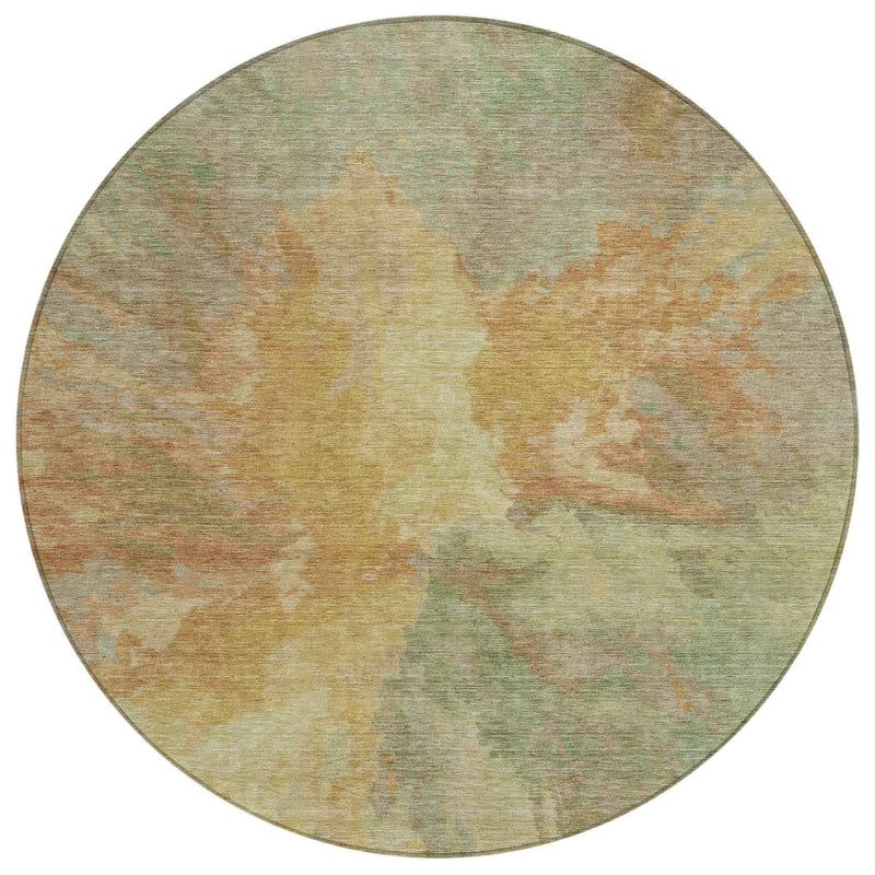 8' Artichoke Green And Gold Round Abstract Washable Indoor Outdoor Area Rug