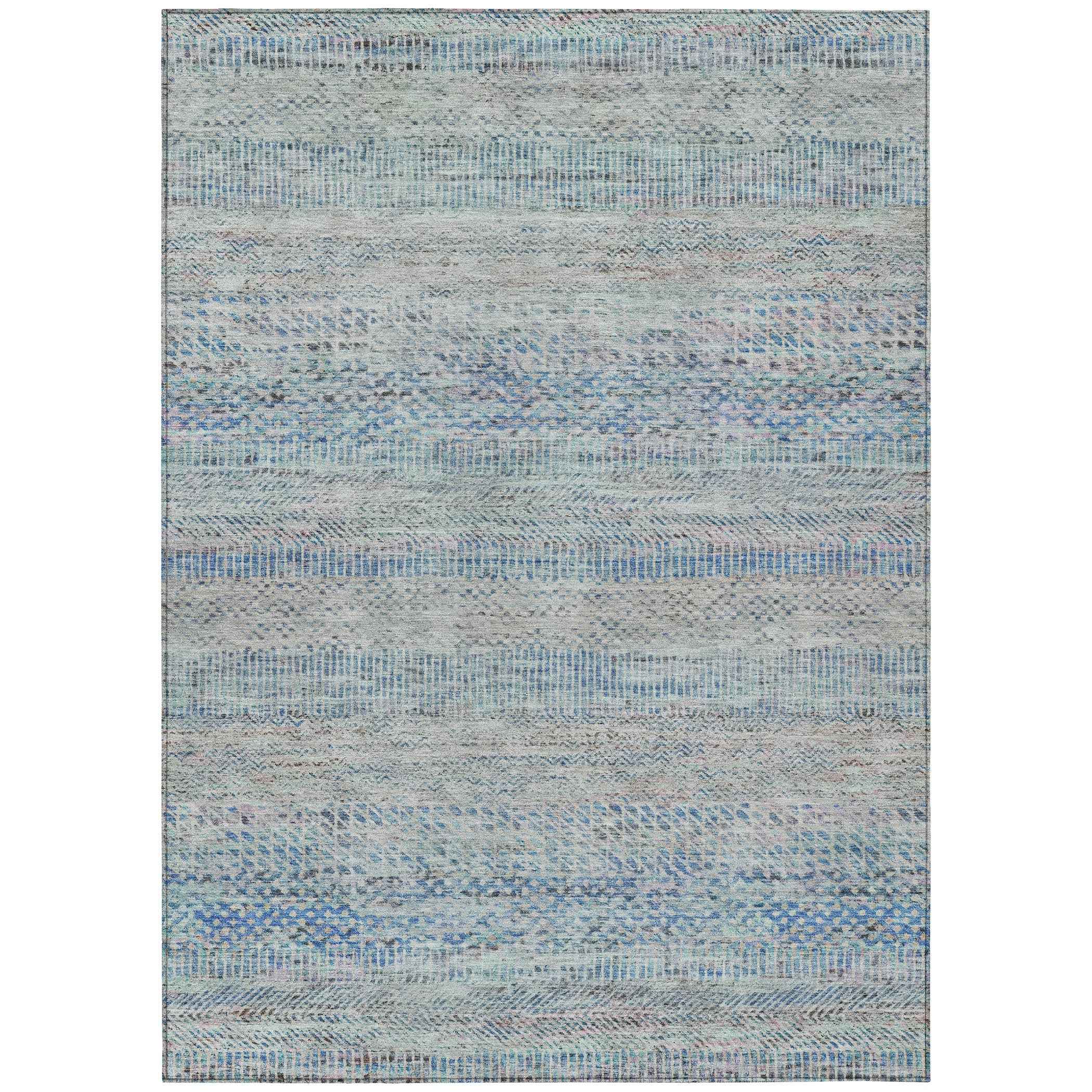 10' X 14' Blue And Charcoal Striped Washable Indoor Outdoor Area Rug