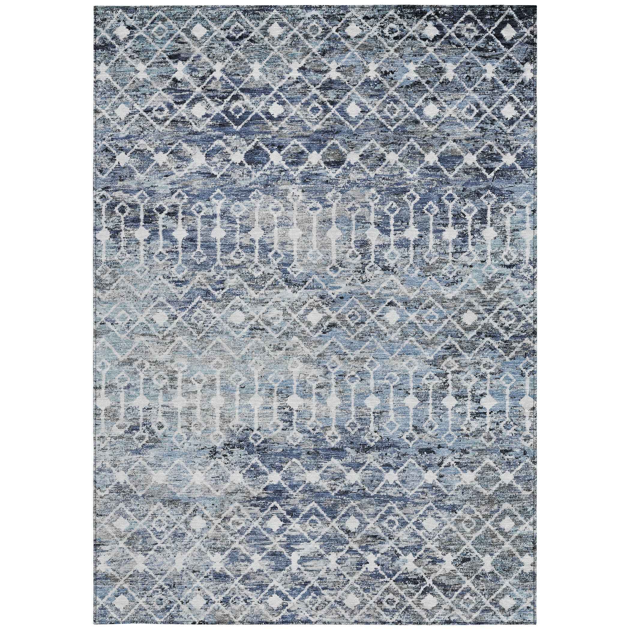 10' X 14' Blue And Silver Argyle Washable Indoor Outdoor Area Rug