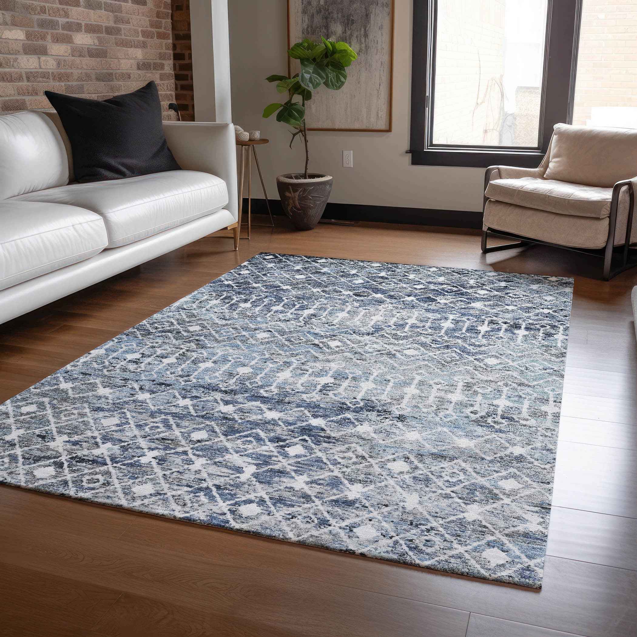 10' X 14' Blue And Silver Argyle Washable Indoor Outdoor Area Rug
