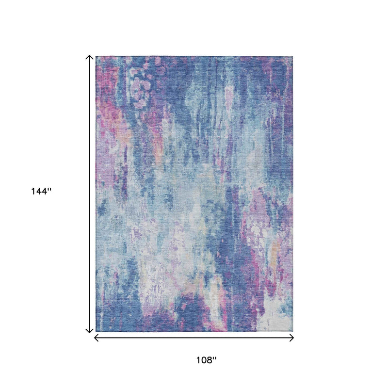 9' X 12' Blue Peach And Sky Blue Abstract Washable Indoor Outdoor Area Rug