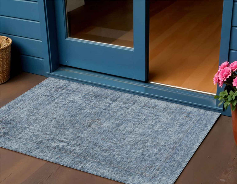 3' X 5' Blue And Beige Abstract Washable Indoor Outdoor Area Rug