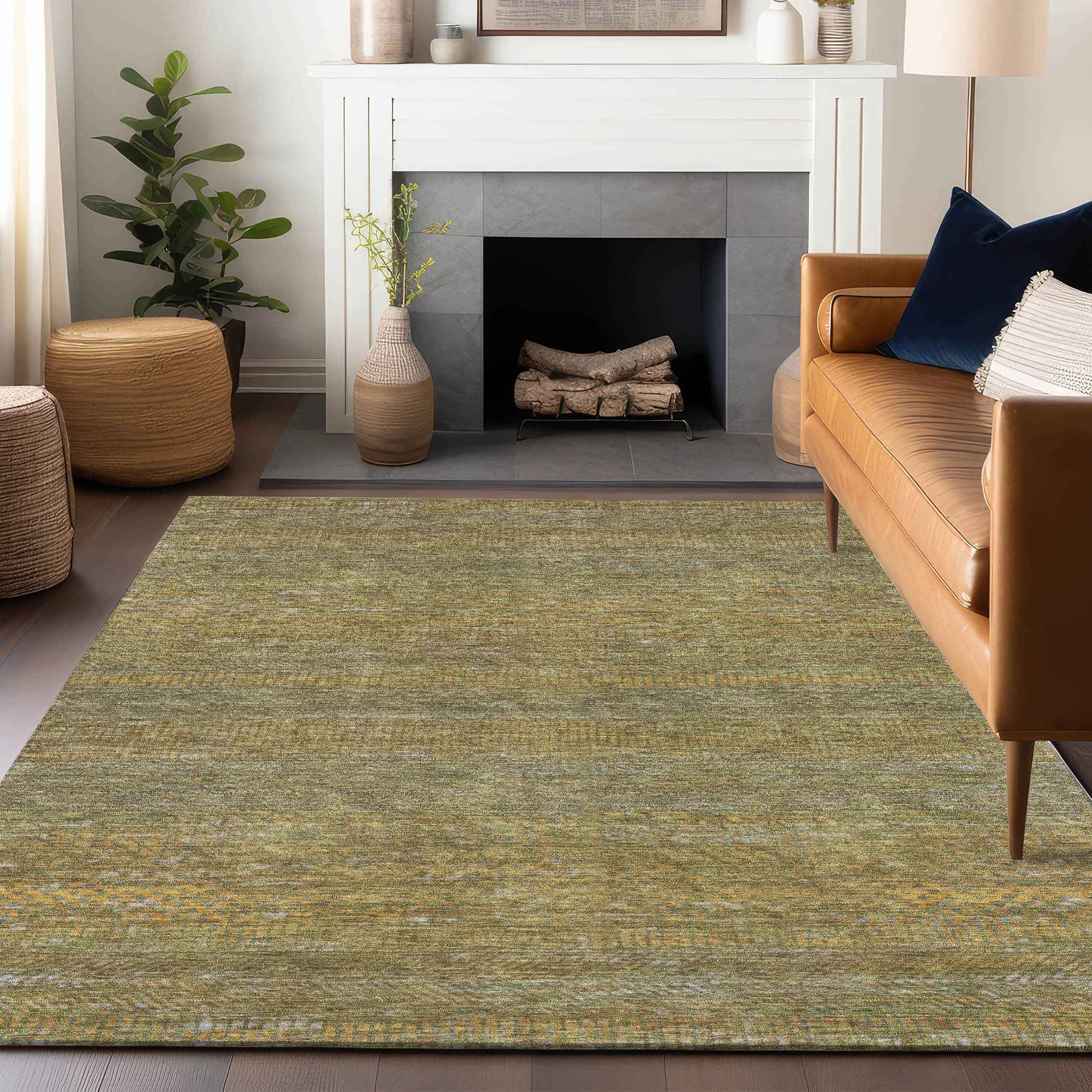 9' X 12' Sage And Gold Striped Washable Indoor Outdoor Area Rug