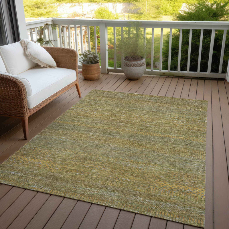 9' X 12' Sage And Gold Striped Washable Indoor Outdoor Area Rug
