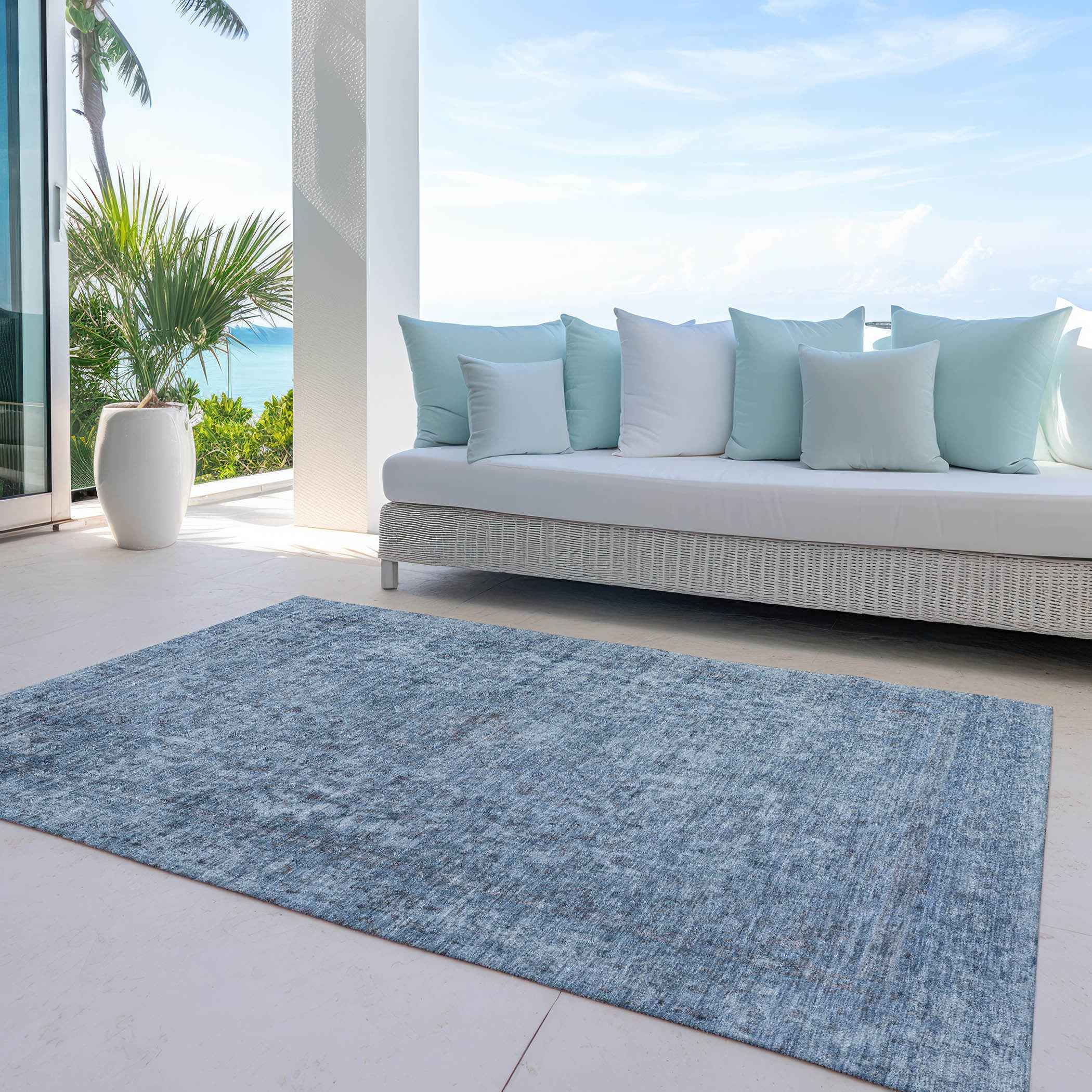 3' X 5' Blue And Beige Abstract Washable Indoor Outdoor Area Rug