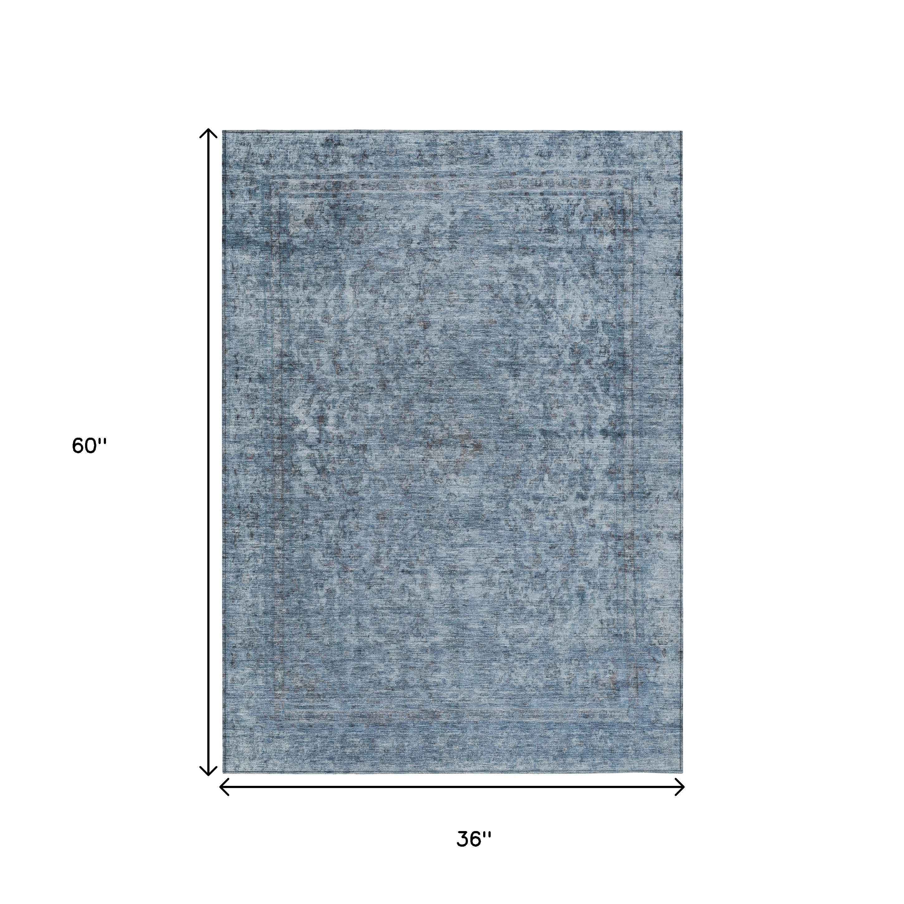 3' X 5' Blue And Beige Abstract Washable Indoor Outdoor Area Rug