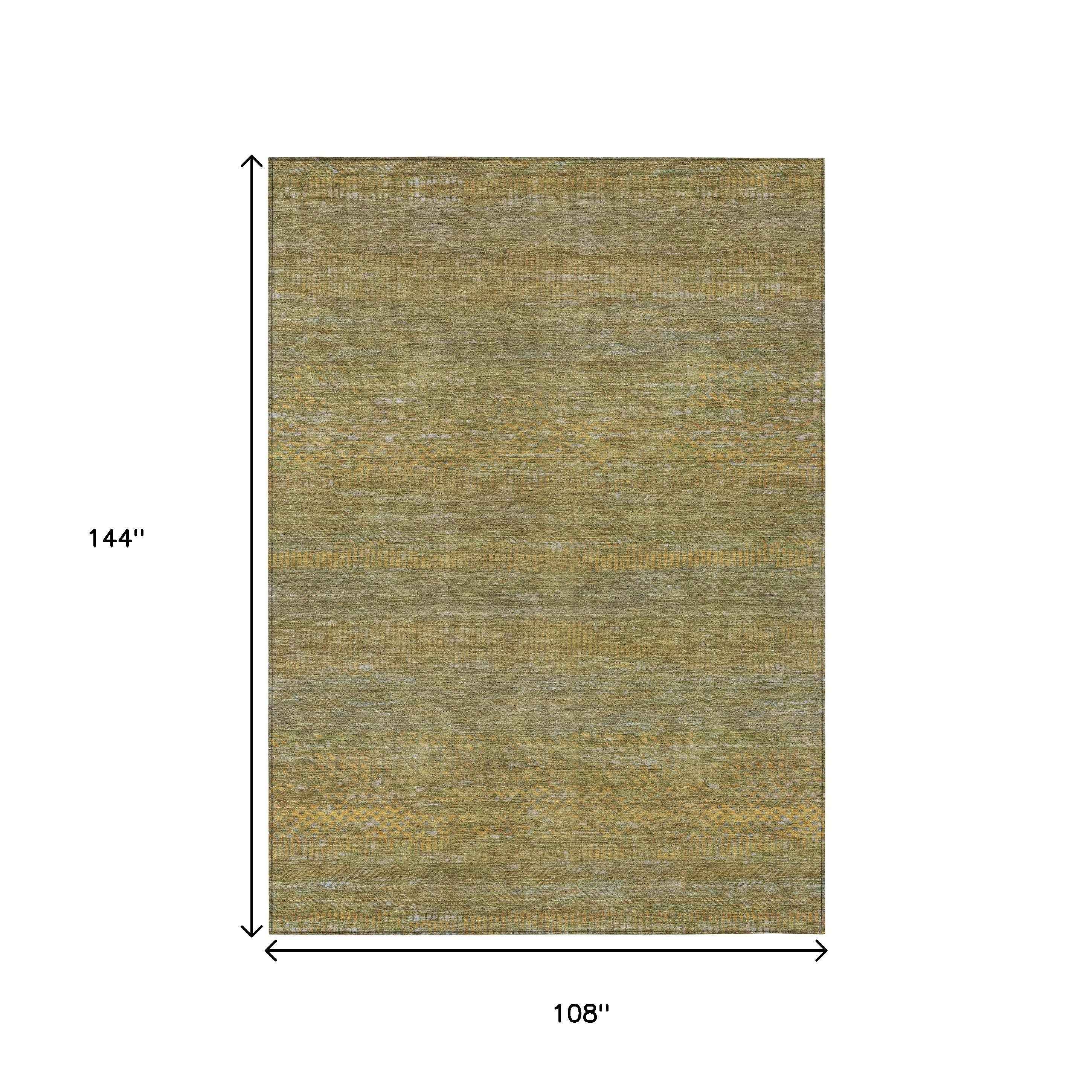 9' X 12' Sage And Gold Striped Washable Indoor Outdoor Area Rug