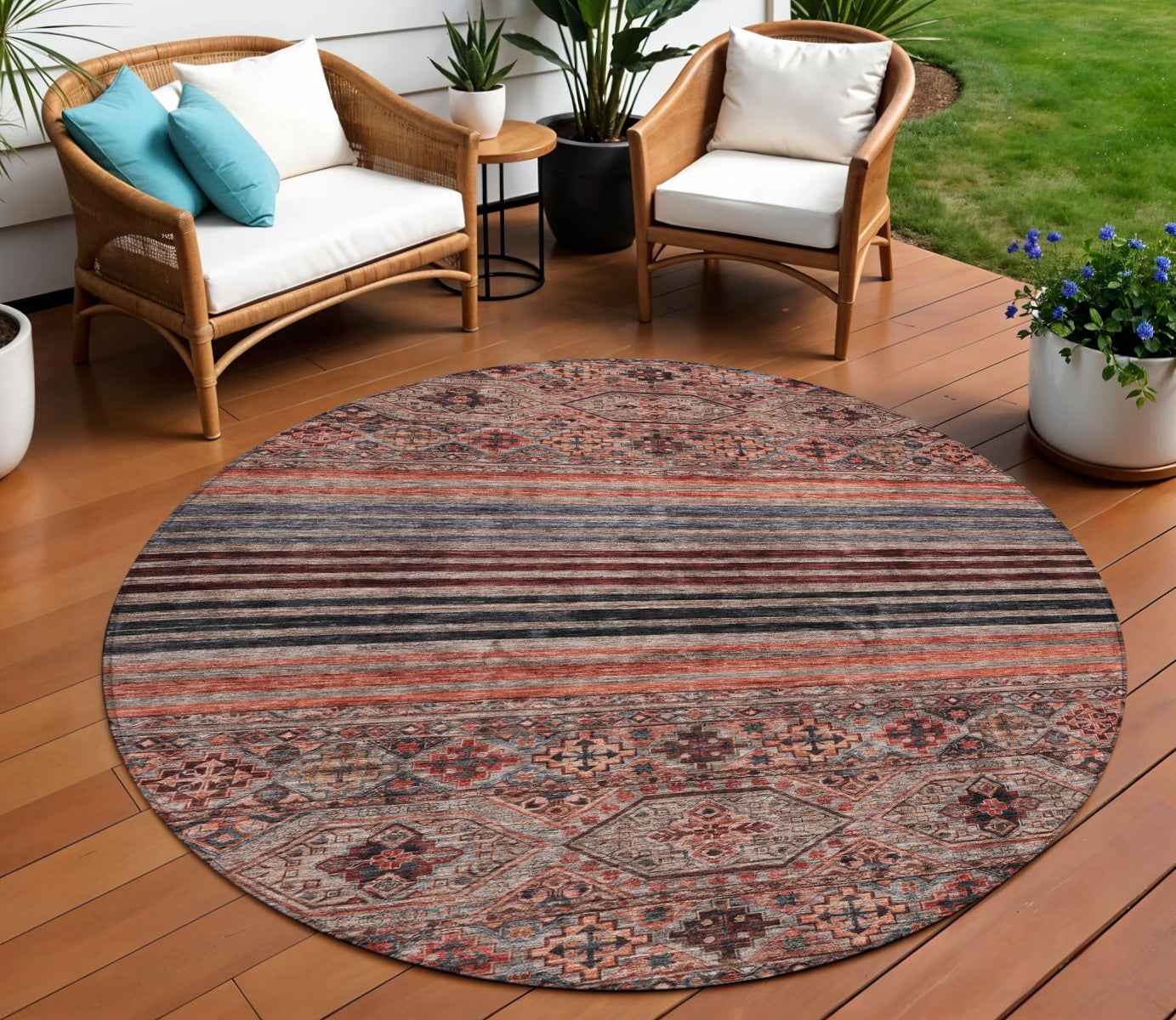 8' Rust Gray And Salmon Round Medallion Washable Indoor Outdoor Area Rug