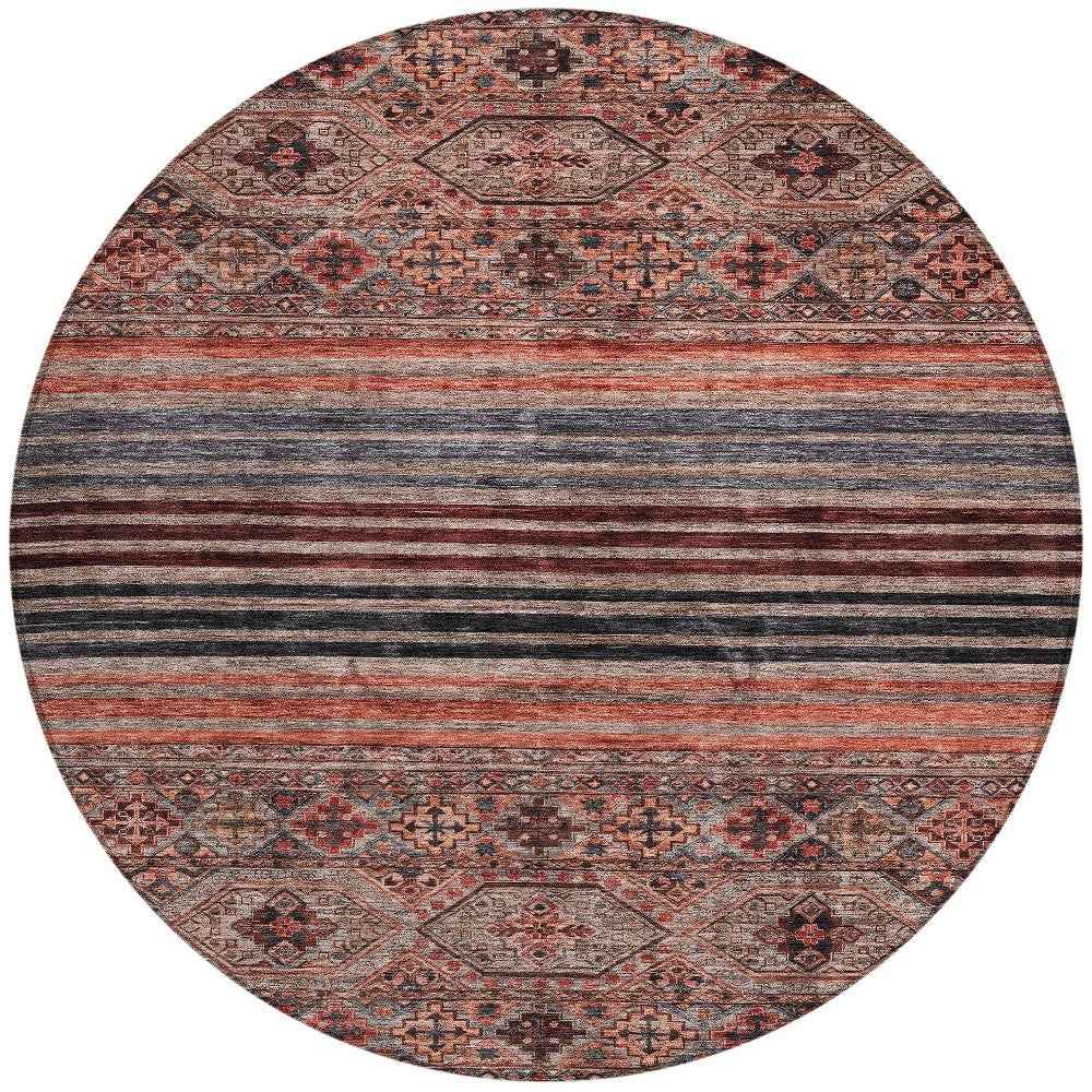 8' Rust Gray And Salmon Round Medallion Washable Indoor Outdoor Area Rug