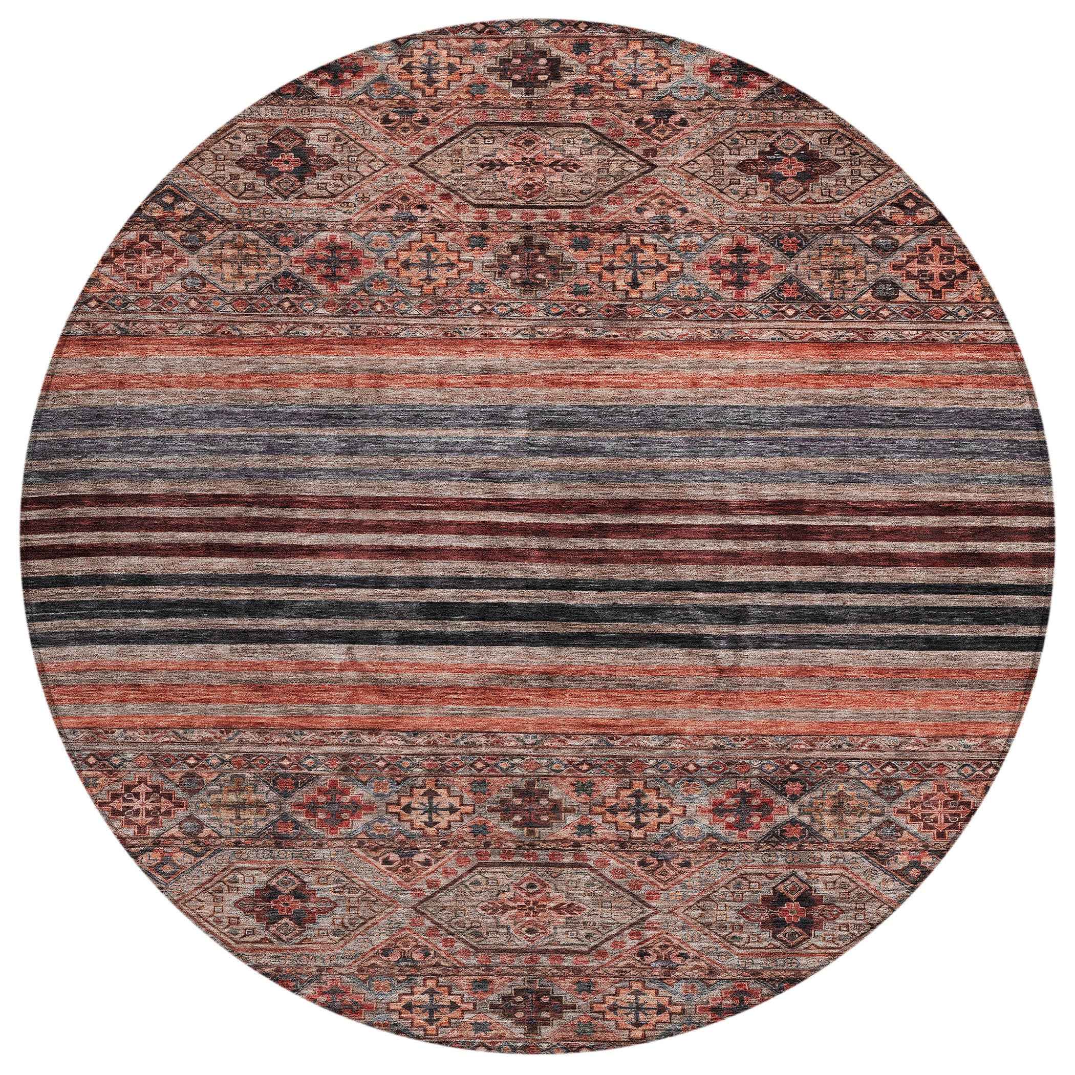8' Rust Gray And Salmon Round Medallion Washable Indoor Outdoor Area Rug