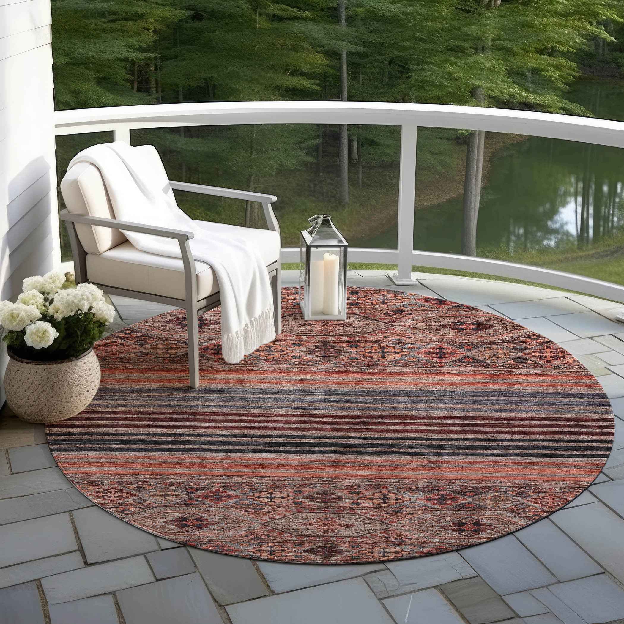 8' Rust Gray And Salmon Round Medallion Washable Indoor Outdoor Area Rug