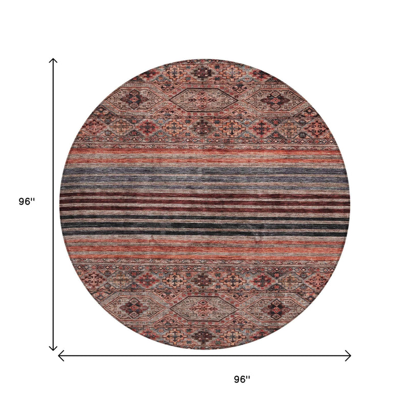 8' Rust Gray And Salmon Round Medallion Washable Indoor Outdoor Area Rug