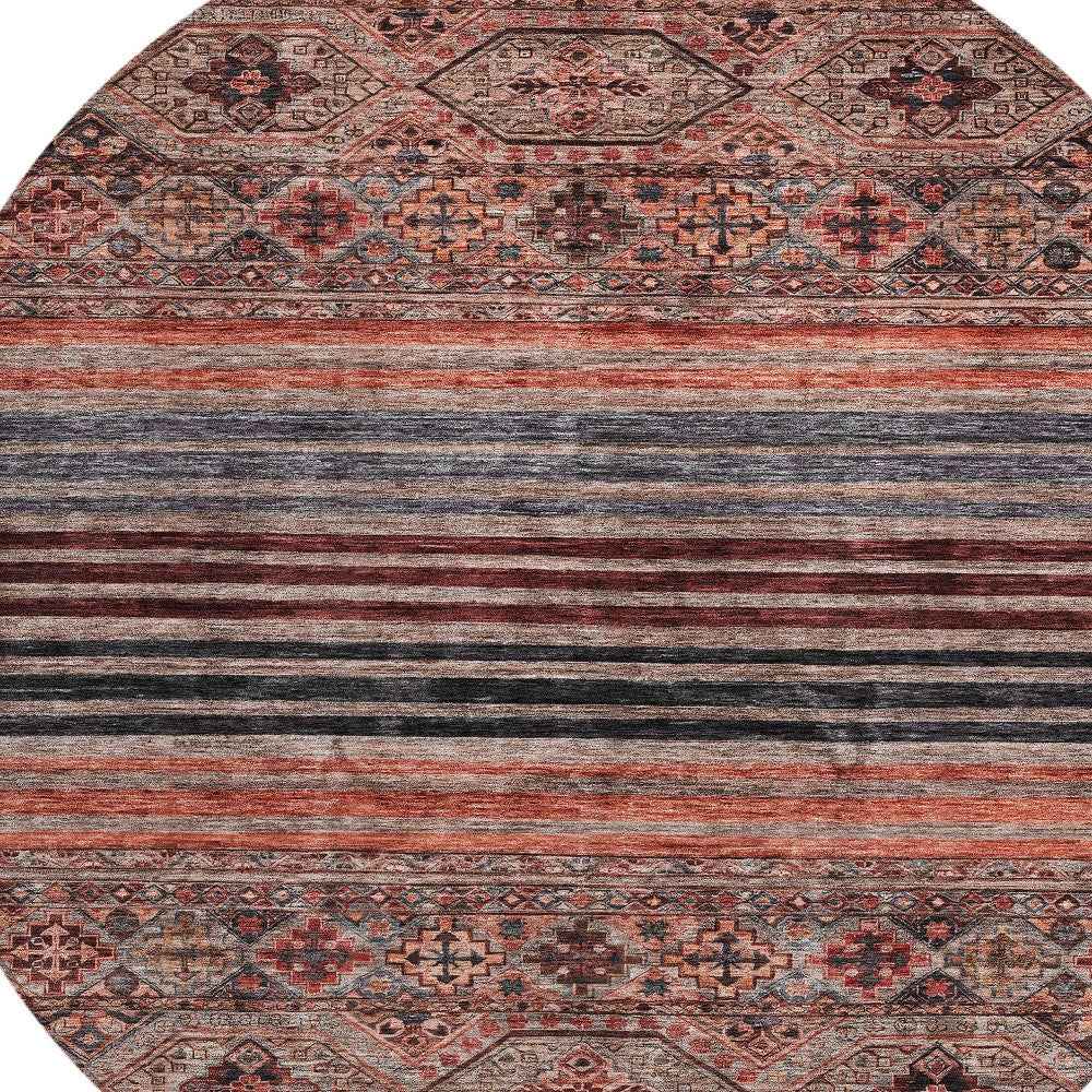 8' Rust Gray And Salmon Round Medallion Washable Indoor Outdoor Area Rug