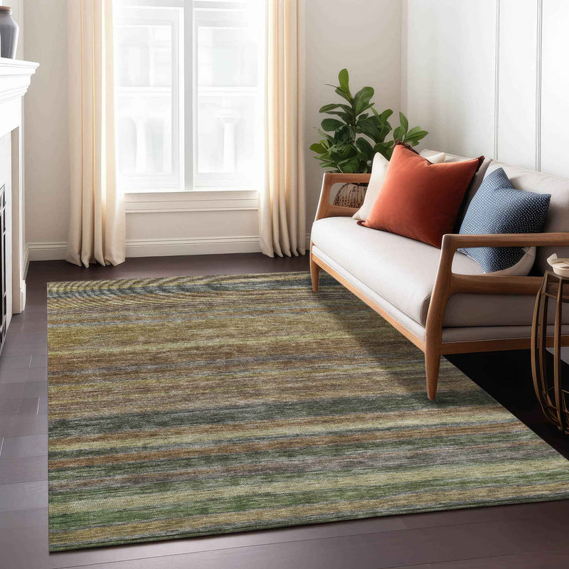 9' X 12' Brown And Gray Striped Washable Indoor Outdoor Area Rug
