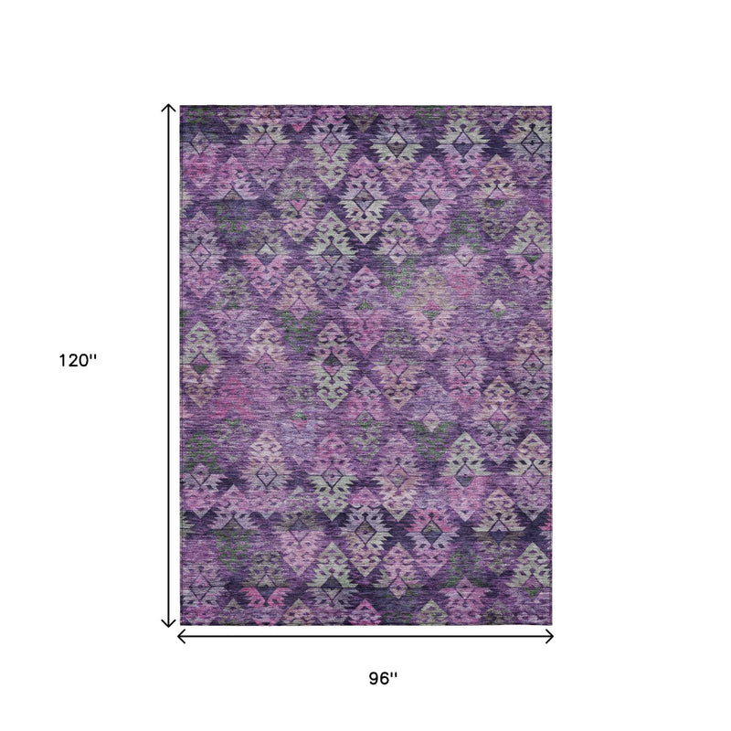 8' X 10' Eggplant Plum And Lavender Aztec Washable Indoor Outdoor Area Rug