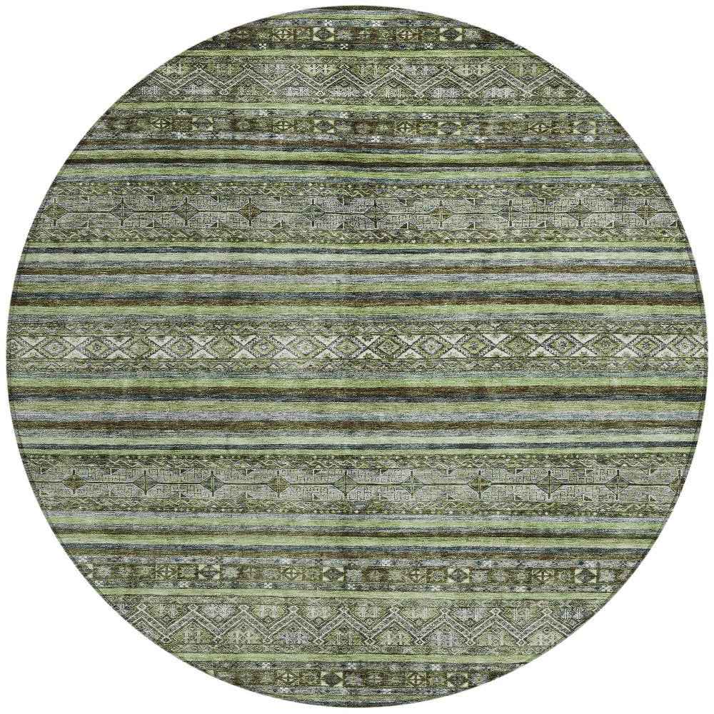 8' Olive Green Gray And Fern Green Round Southwestern Washable Indoor Outdoor Area Rug