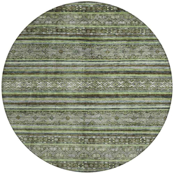 8' Olive Green Gray And Fern Green Round Southwestern Washable Indoor Outdoor Area Rug