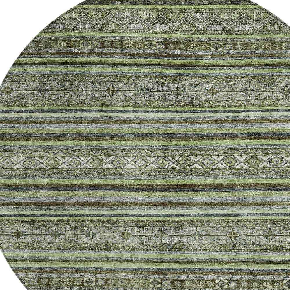 8' Olive Green Gray And Fern Green Round Southwestern Washable Indoor Outdoor Area Rug