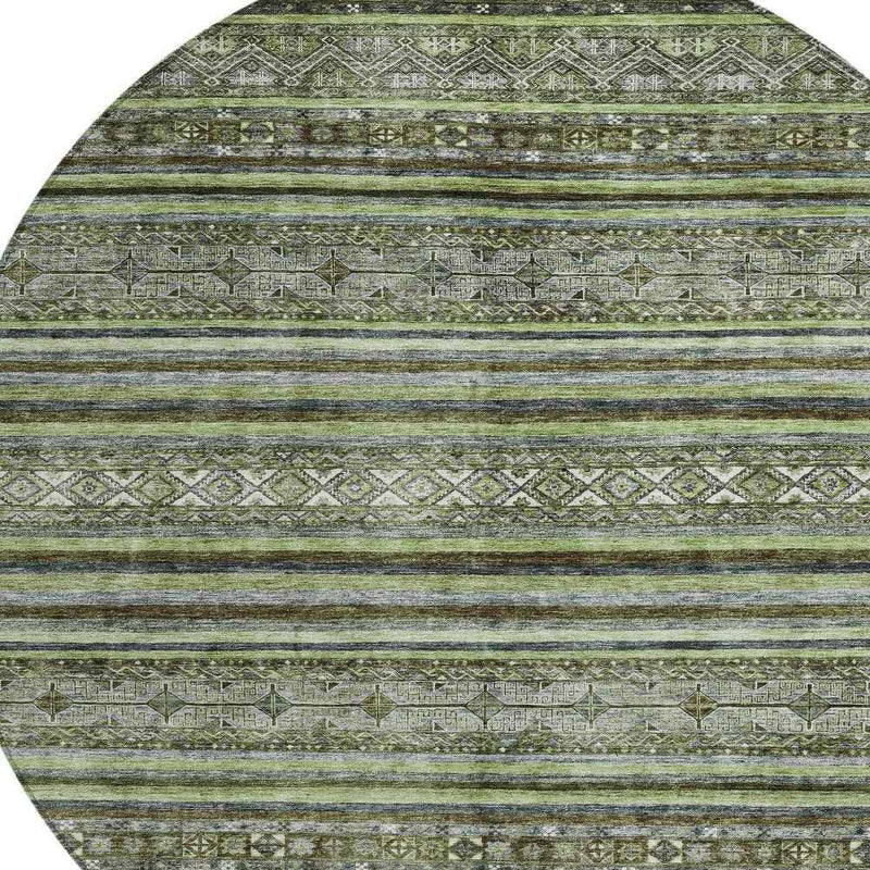 8' Olive Green Gray And Fern Green Round Southwestern Washable Indoor Outdoor Area Rug