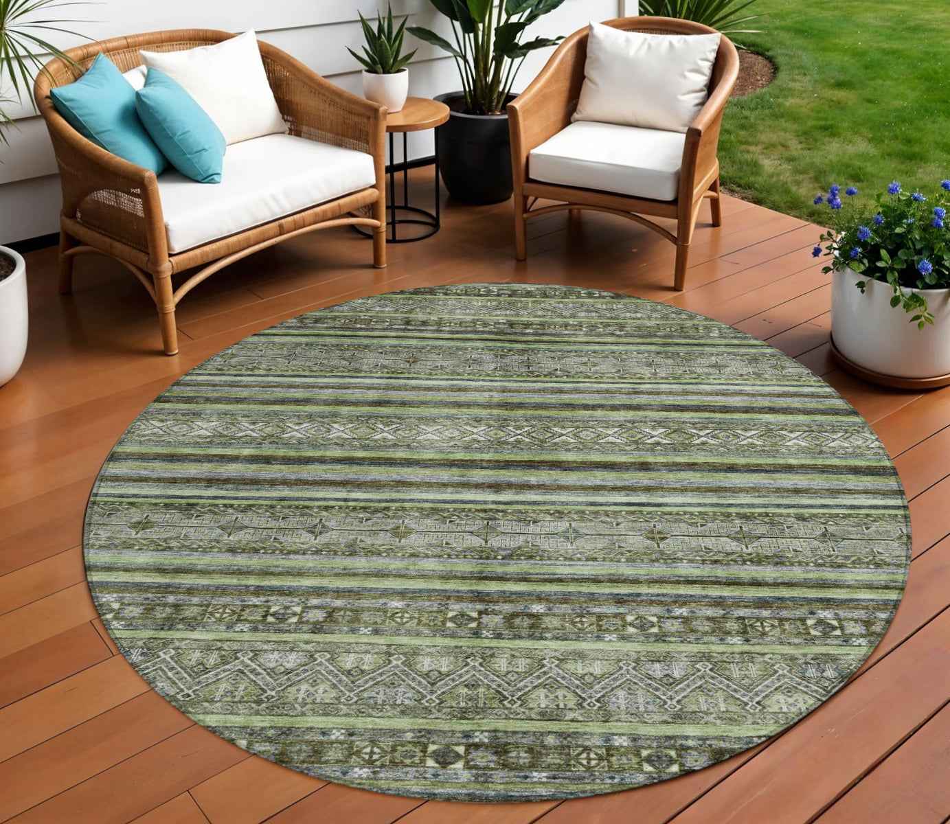 8' Olive Green Gray And Fern Green Round Southwestern Washable Indoor Outdoor Area Rug