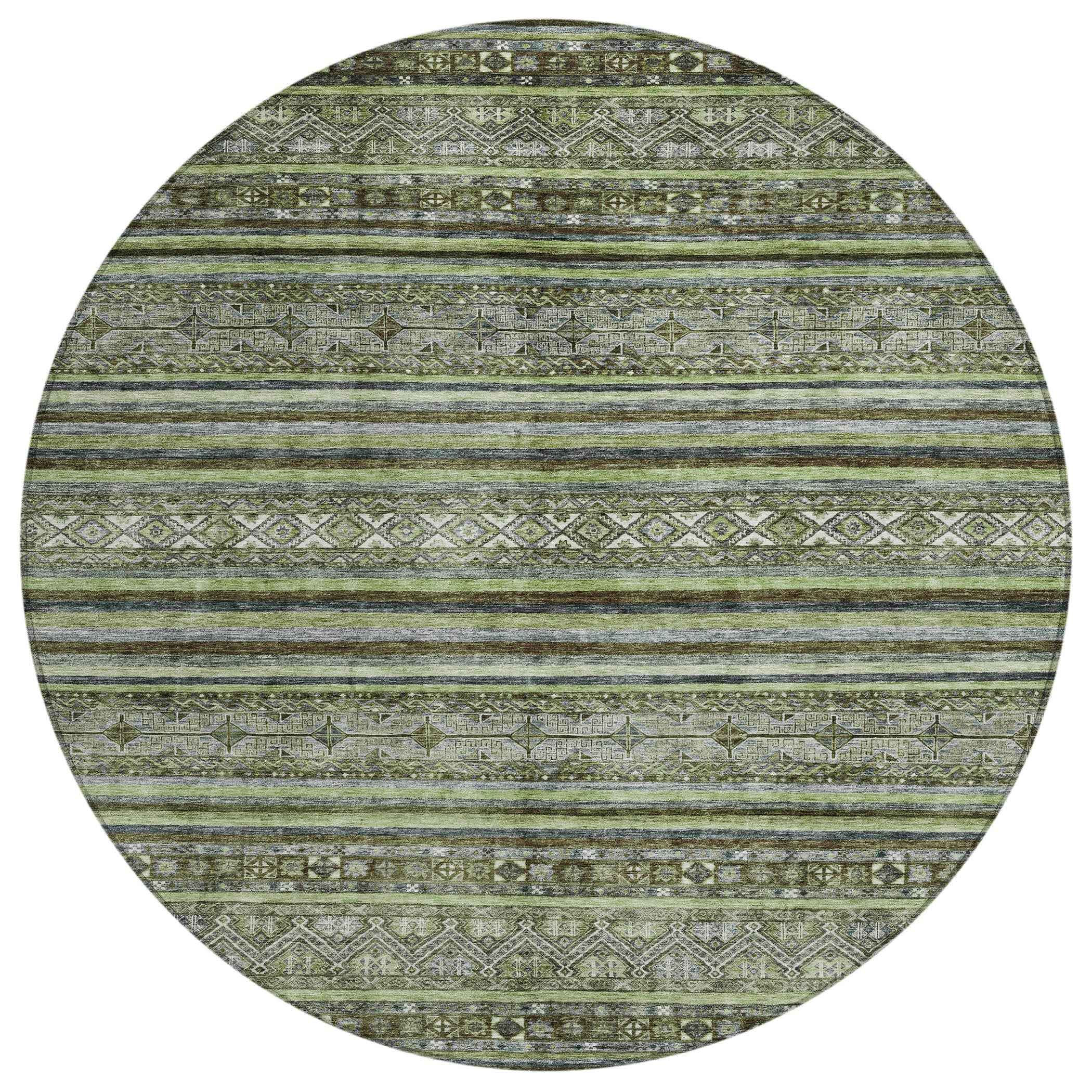 8' Olive Green Gray And Fern Green Round Southwestern Washable Indoor Outdoor Area Rug