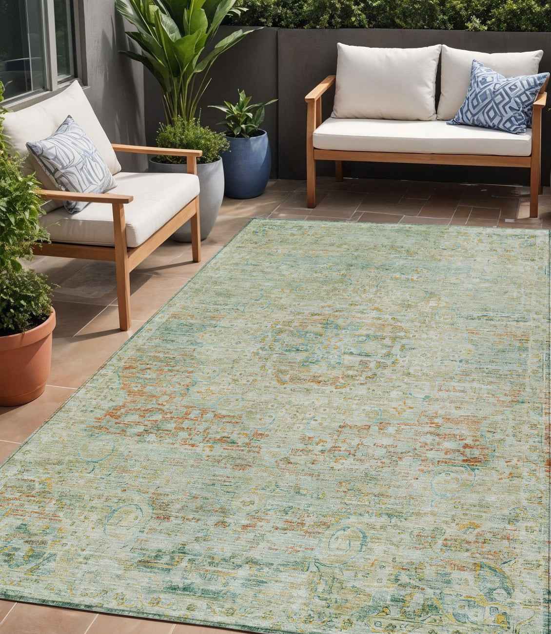 5' X 8' Sage And Copper Medallion Washable Indoor Outdoor Area Rug
