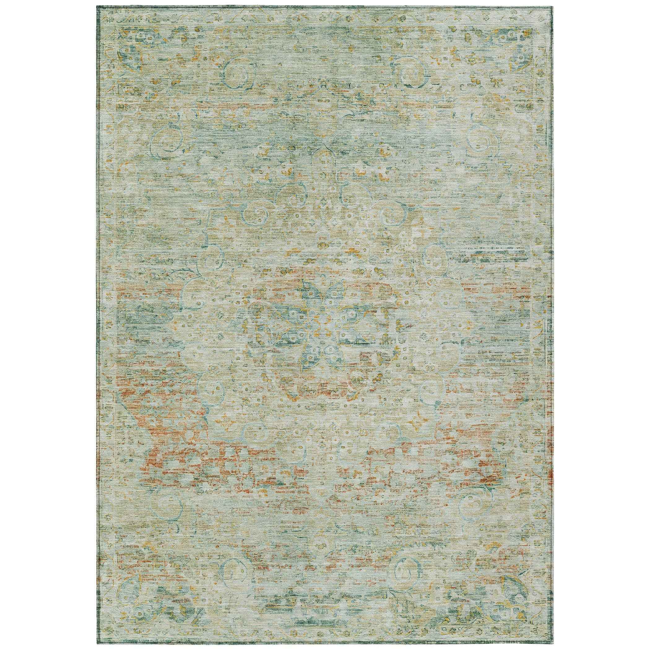 5' X 8' Sage And Copper Medallion Washable Indoor Outdoor Area Rug