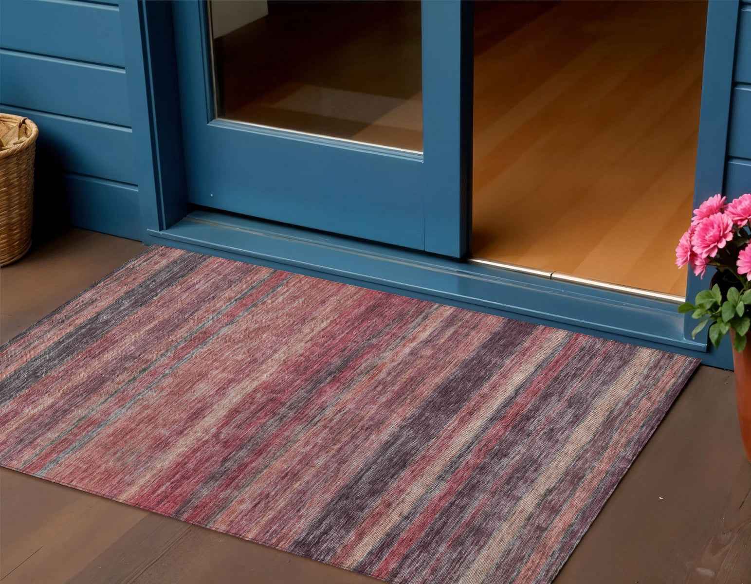 3' X 5' Rust And Blush Striped Washable Indoor Outdoor Area Rug