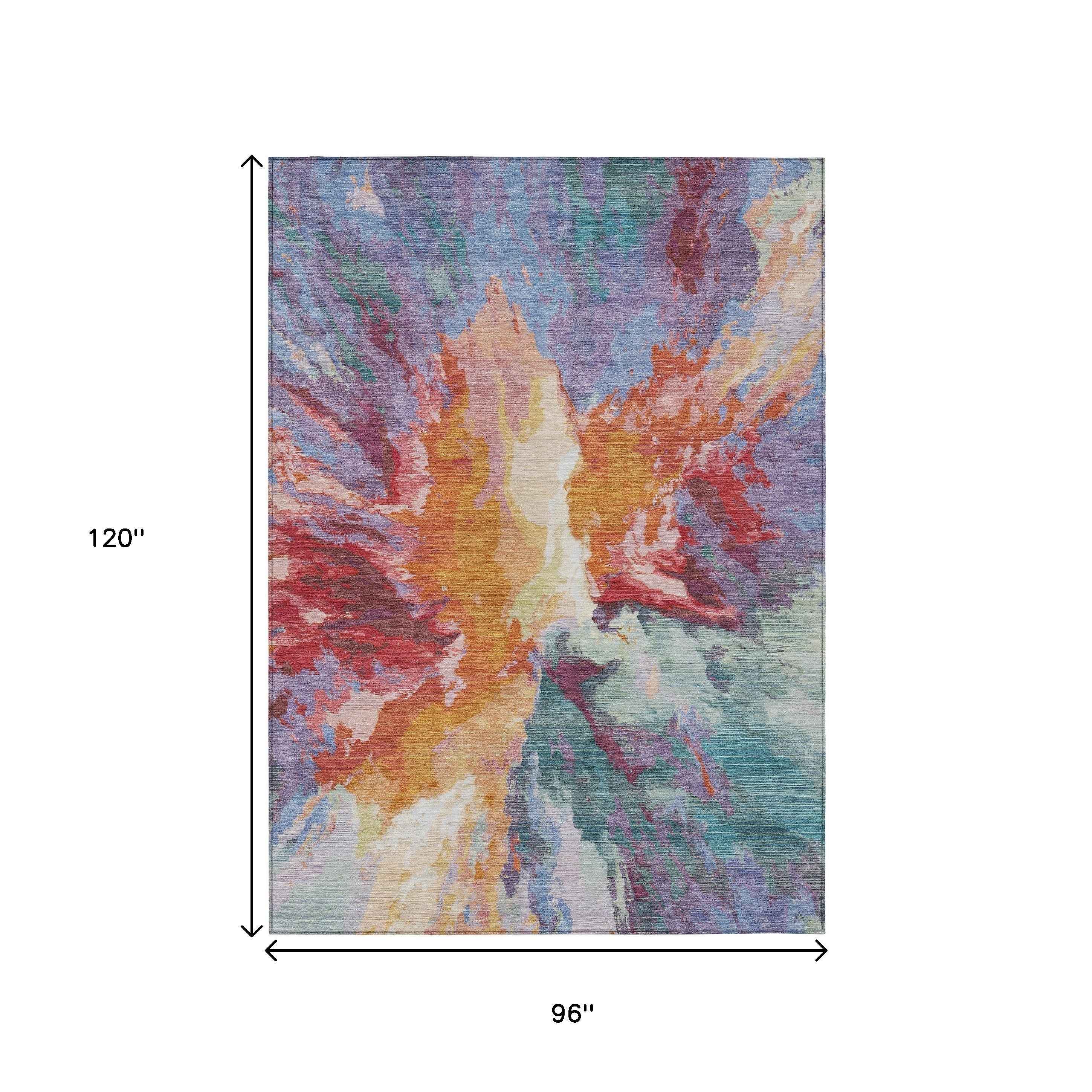 8' X 10' Orange Red And Teal Blue Abstract Washable Indoor Outdoor Area Rug