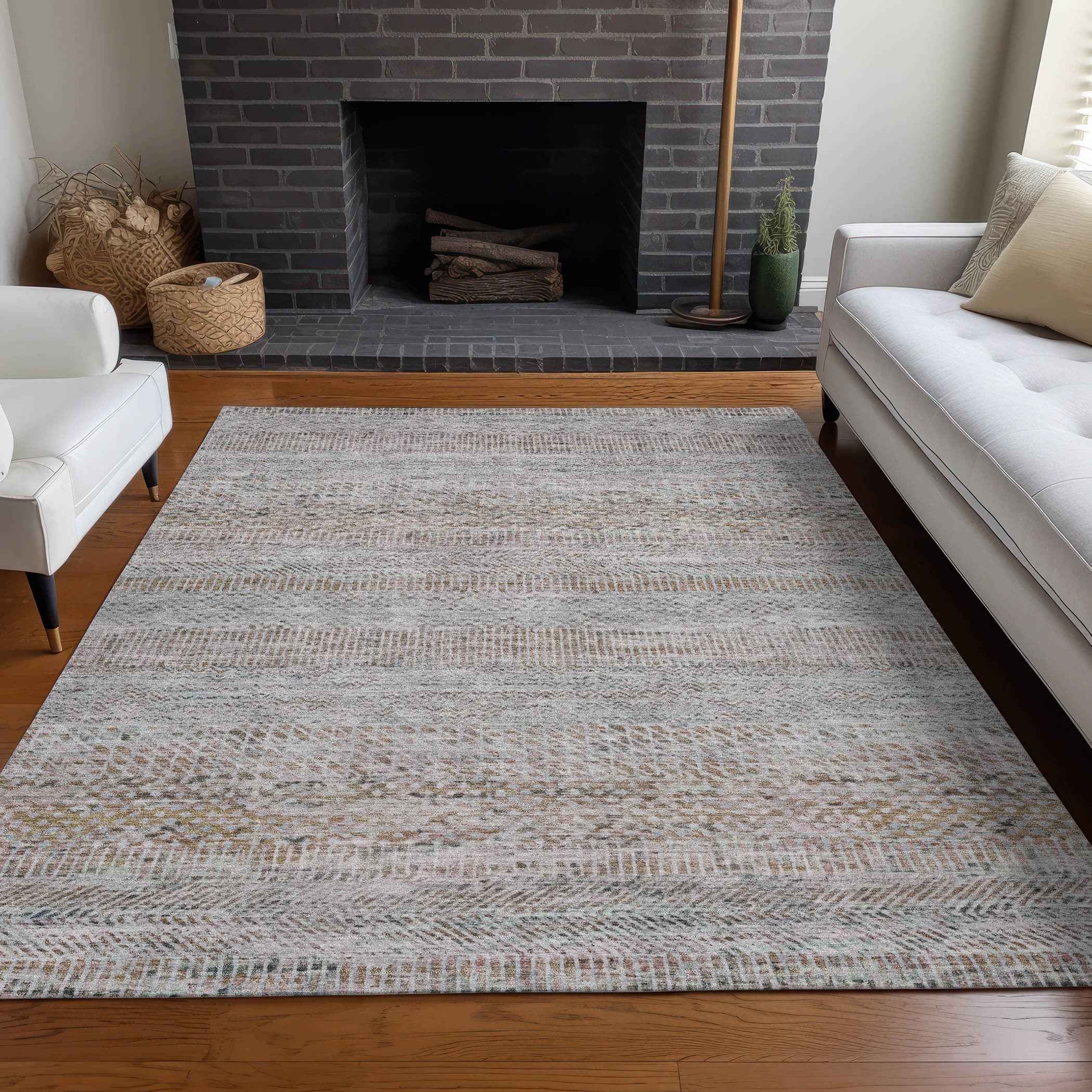 3' X 5' Linen And Gray Striped Washable Indoor Outdoor Area Rug
