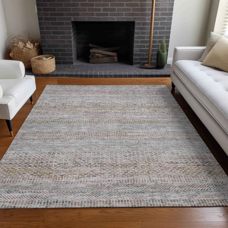 3' X 5' Linen And Gray Striped Washable Indoor Outdoor Area Rug