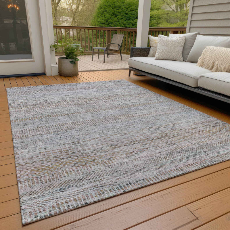 3' X 5' Linen And Gray Striped Washable Indoor Outdoor Area Rug