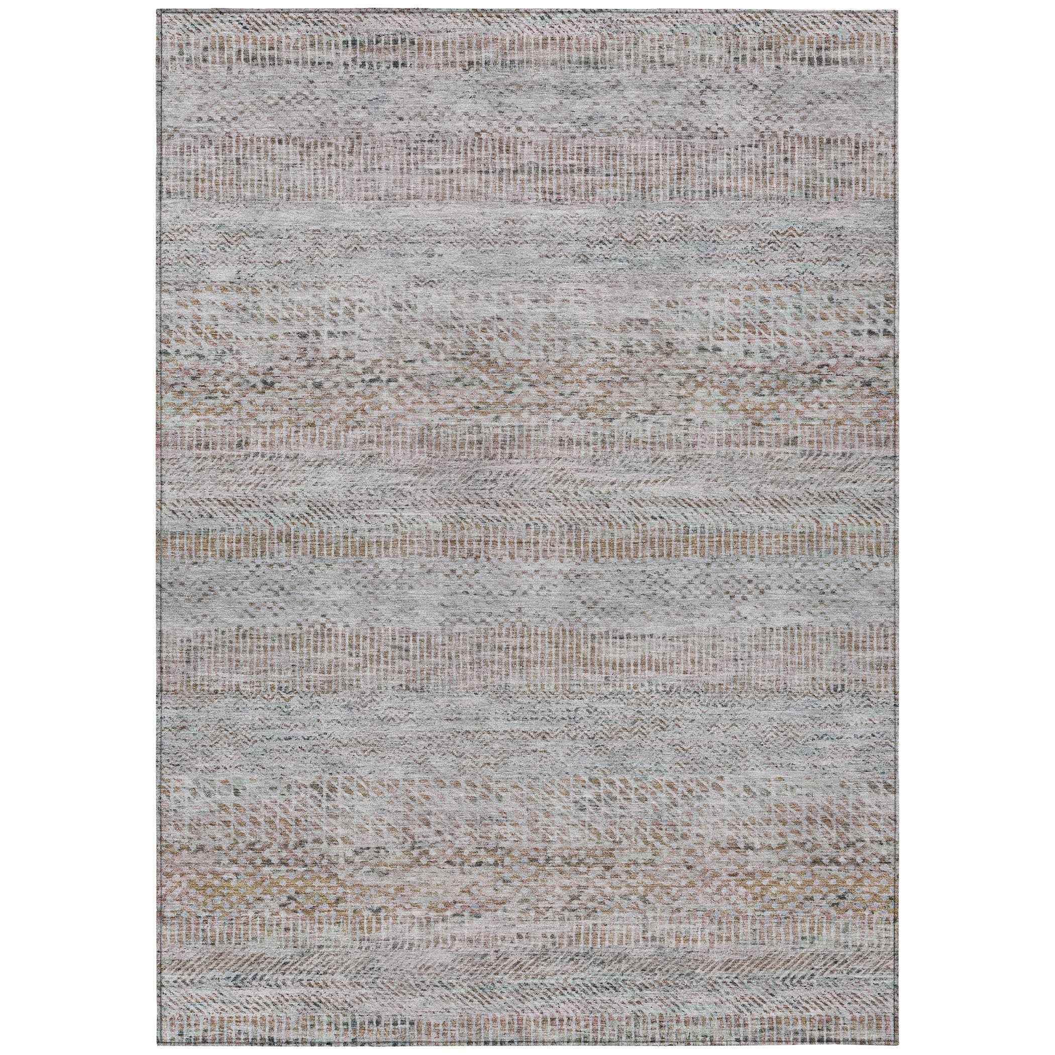 3' X 5' Linen And Gray Striped Washable Indoor Outdoor Area Rug