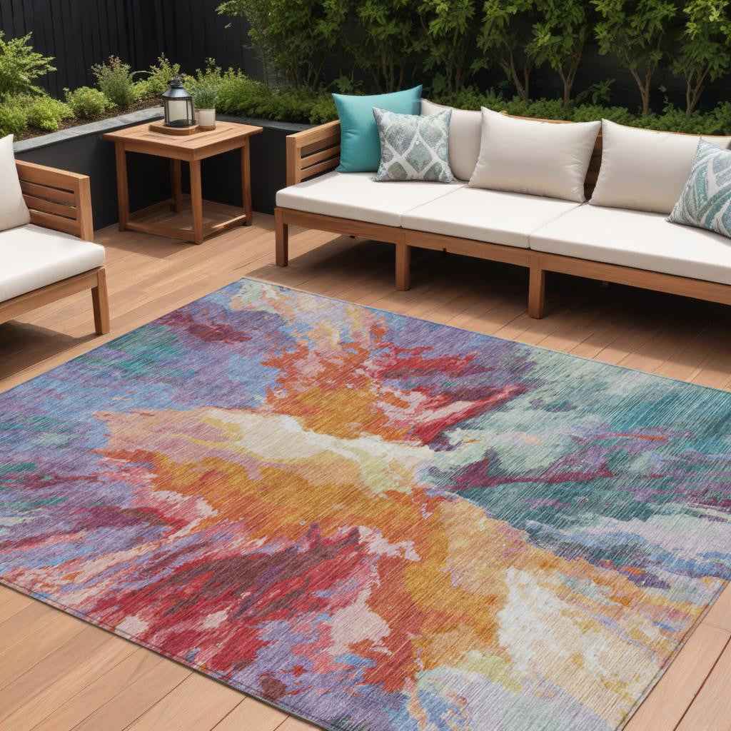 8' X 10' Orange Red And Teal Blue Abstract Washable Indoor Outdoor Area Rug