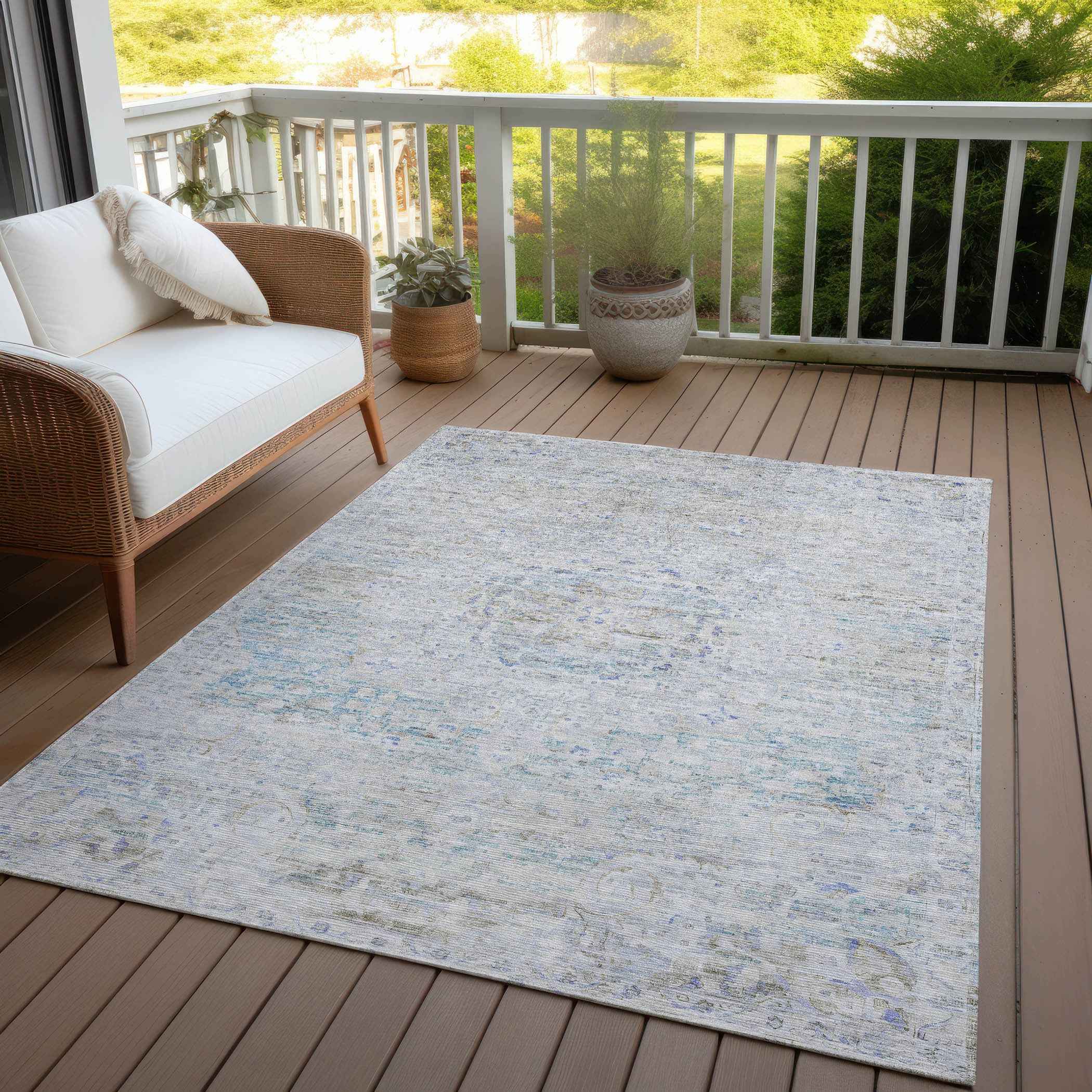 8' X 10' Beige And Blue Medallion Washable Indoor Outdoor Area Rug